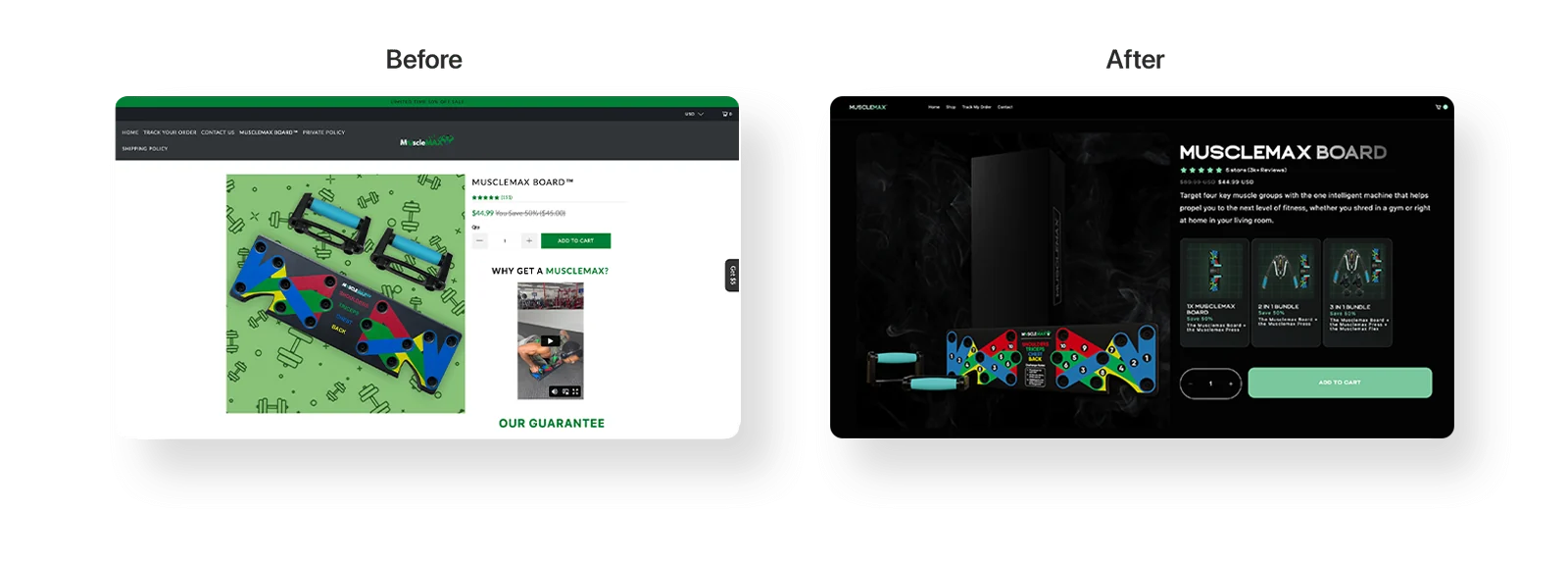 site da Musclemax para computadores antes e depois do redesenho